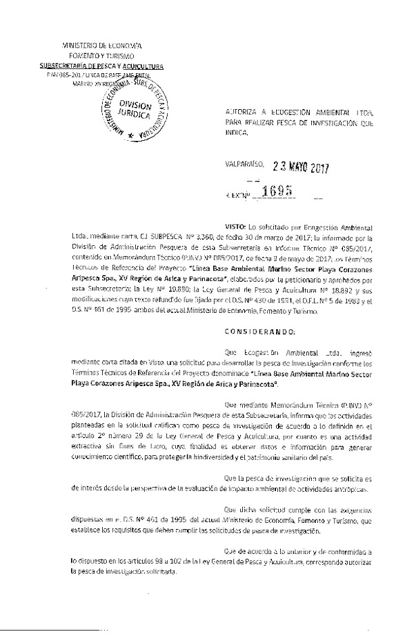 Res. Ex. N° 1695-2017 Línea base ambiental marino, XV Región.