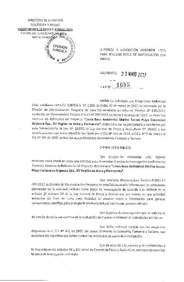 Res. Ex. N° 1695-2017 Línea base ambiental marino, XV Región.