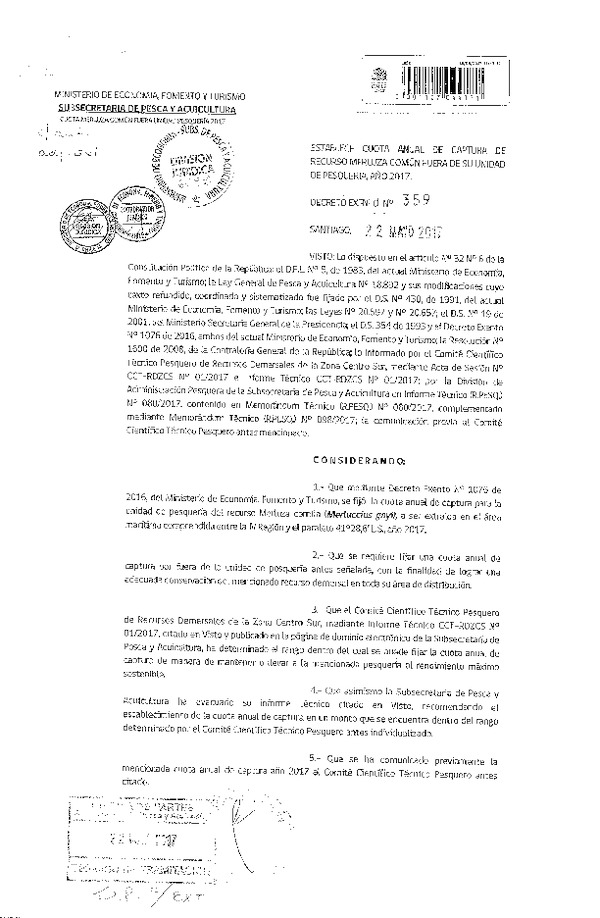 Dec. Ex. N° 359-2017 Establece Cuota anual d Captura de Recurso Merluza Común Fuera de su Unidad de Pesquería, Año 2017. (Publicado en Página Web 24-05-2017) (F.D.O. 26-05-2017)