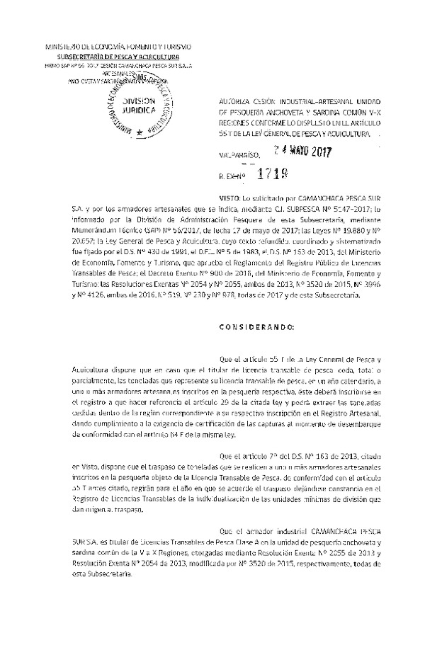 Res. Ex. N° 1719-2017 Autoriza cesión anchoveta y sardina común, VIII Región.