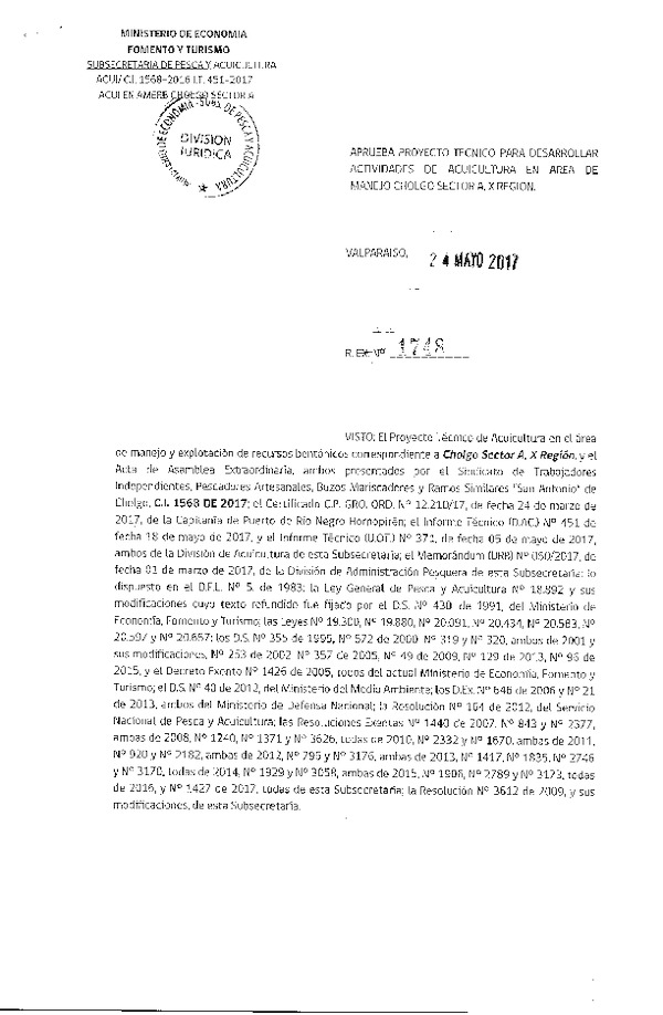 Res. Ex. N° 1748-2017 Aprueba proyecto técnico para desarrollar actividades de acuicultura en área de manejo Cholgo Sector A, X Región.