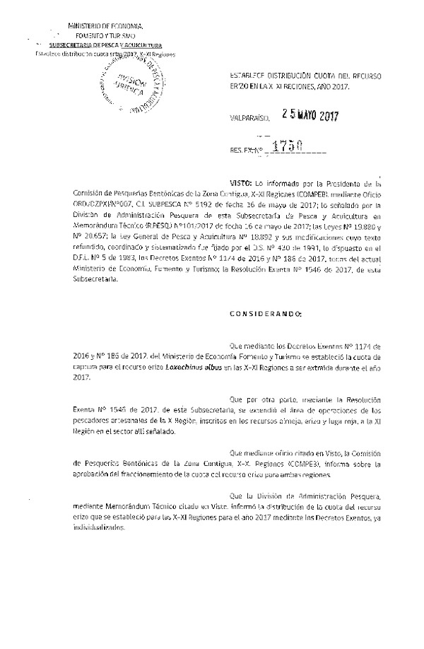 Res. Ex. N° 1750-2017 Establece Distribución Cuota Recurso Erizo, X-XI Regiones. (Publicado en Página Web 26-05-2017) (F.D.O. 02-06-2017)