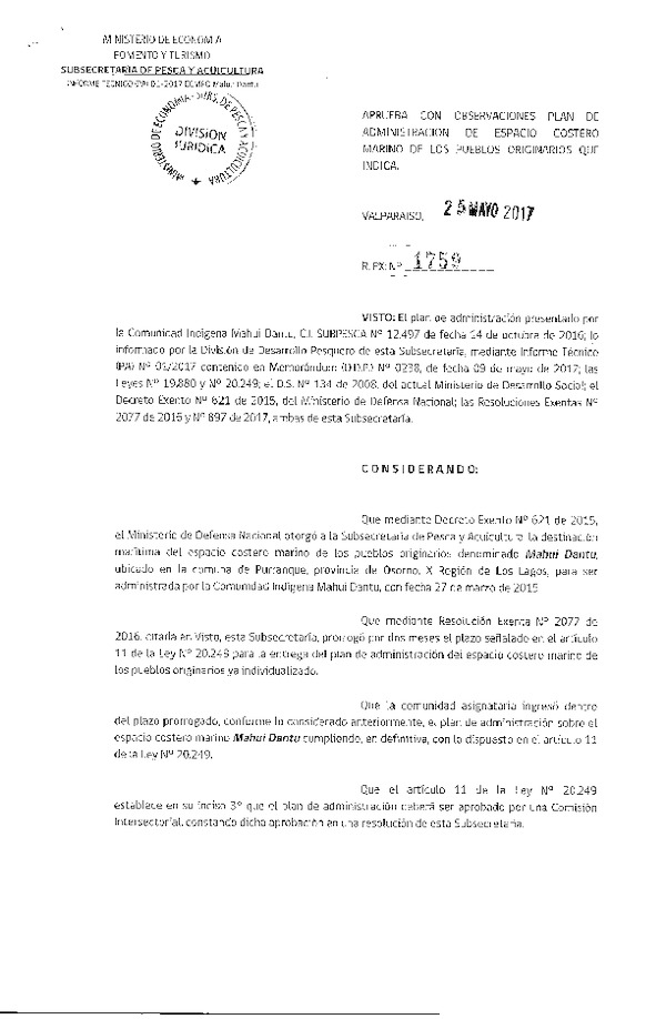 Res. Ex. N° 1759-2017 Aprueba con Observaciones Plan de Administración de ECMPO Mahui Dantu, X Región.