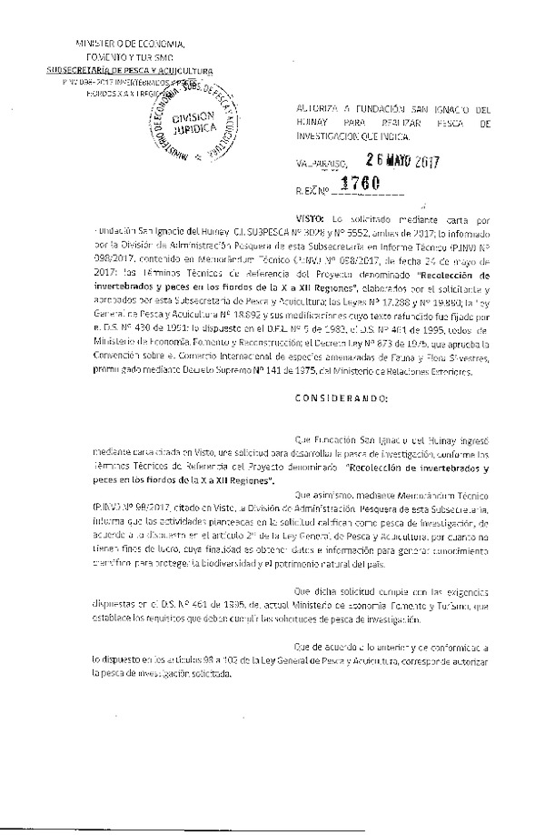 Res. Ex. N° 1760-2017 Recolección de invertebrados y peces en los fiordos de la X a XII Regiones.