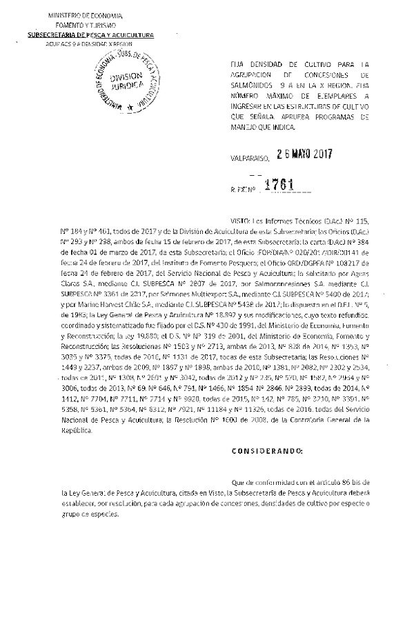 Res. Ex. N° 1761-2017 Fija Densidad de Cultivo para la Agrupación de Concesiones de Salmónidos 9 A, X Región. Aprueba Programa de Manejo que Indica. (Con Informe Técnico) (Publicado en Página Web 29-05-2017) (F.D.O. 02-06-2017)