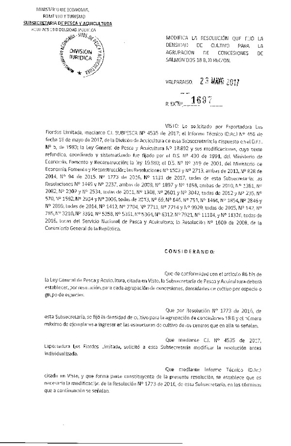 Res. Ex. N° 1697-32017 Modifica Res. Ex. N° 1773-2016 Fija densidad de cultivo para la Agrupación de concesión de Salmonidos 18 B, XI Región. (F.D.O. 29-05-2017)