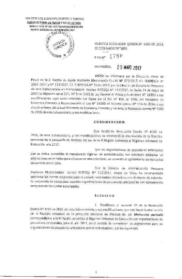 Res. Ex. N° 1780-2017 Modifica Res. Ex. N° 4180-2016 de esta Subsecretaría. (Publicado en Página Web 31-05-2017)