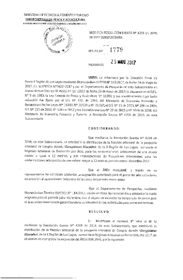 Res. Ex. N° 1779-2017 Modifica Res. Ex. N° 4208-2016 de esta Subsecretaría. (Publicado en Página Web 31-05-2017)