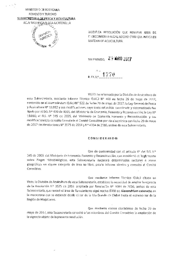 Res. Ex. N° 1770-2017 Modifica Res. Ex. N° 3575-2014 Renueva Área de Florecimiento Algal Nocivo (FAN) en Sector que Indica. (Publicado en Página Web 01-06-2017) (F.D.O. 06-06-2017)