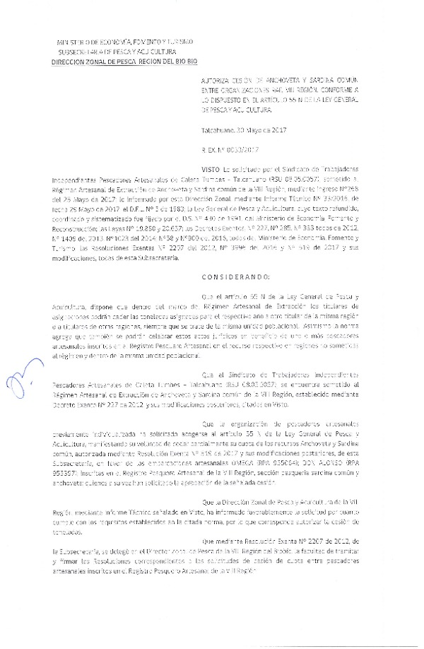Res. Ex. N° 33-2017 (DZP VIII) Autoriza Cesión Anchoveta y sardina común, VIII Región.