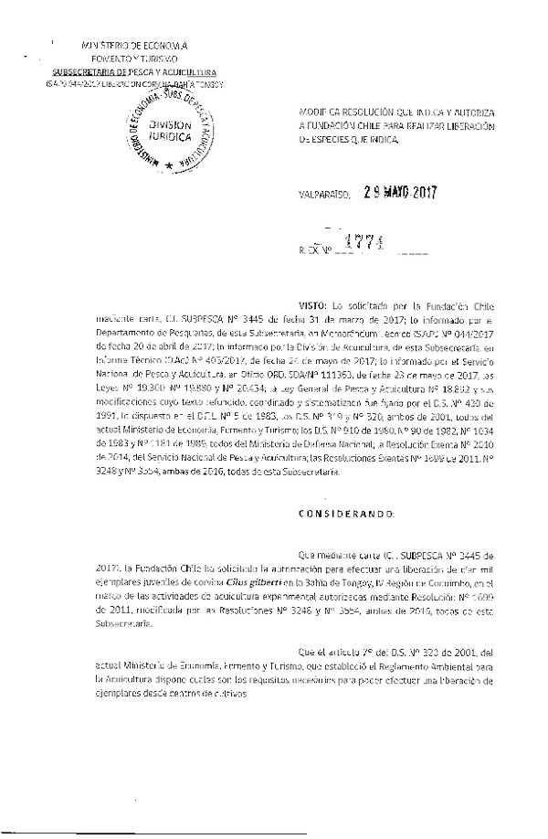 Res. Ex. N° 1774-2017 Modifica Res. Ex. N° 3248-2016 Liberación de Corvina en Bahía Tongoy.