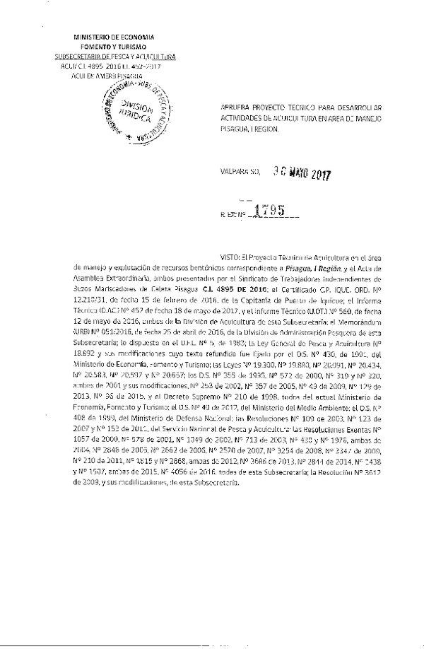 Res. Ex. N° 1795-2017 Aprueba proyecto técnico para desarrollar actividades de acuicultura en área de manejo Pisagua, I Región.