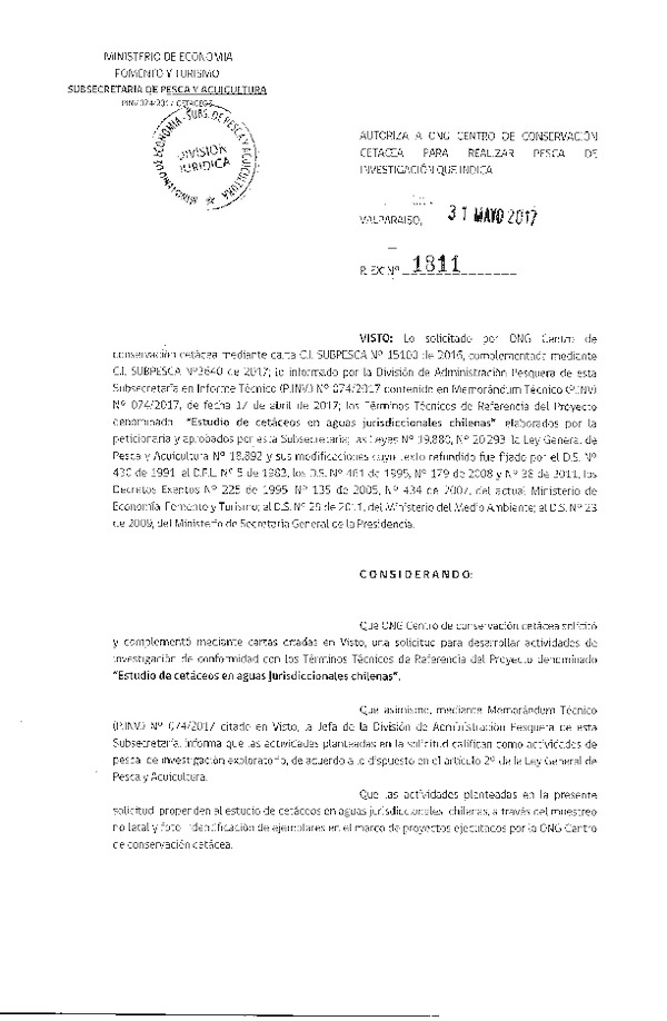 Res. Ex. N° 1811-2017 Estudio de cetáceos en aguas jurisdiccionales chilenas.