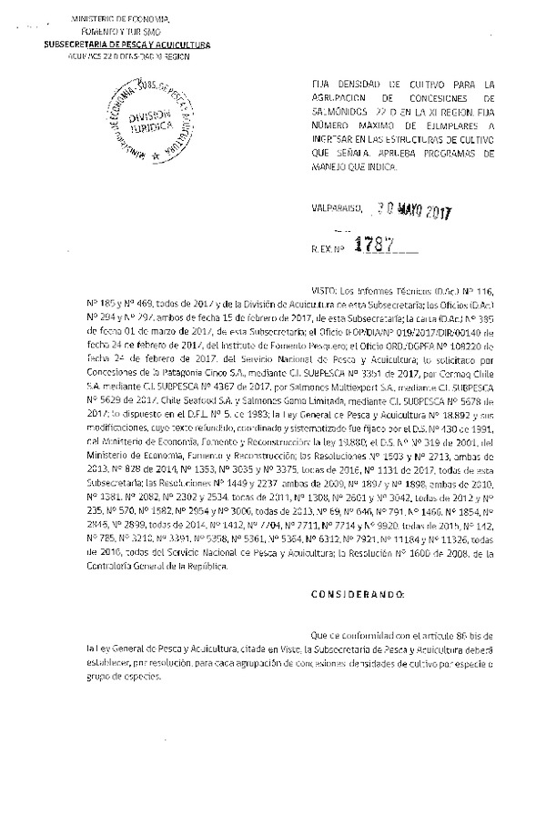 Res. Ex. N° 1787-2017 Fija Densidad de Cultivo para la Agrupación de Concesiones de Salmónidos 22 D, XI Región. (Con Informe Técnico) (Publicado en Página Web 02-06-2017) (F.D.O. 06-06-2017)