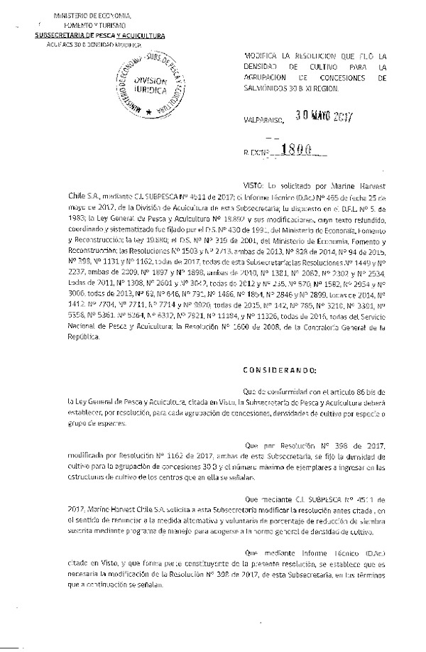 Res. Ex. N° 1800-2017 Modifica Res. Ex. N° 398-2017 Fija densidad de cultivo para la Agrupación de concesiones de Salmónidos 30 B en la XI Región. (Publicado en Página Web 02-06-2017) (F.D.O. 06-06-2017)
