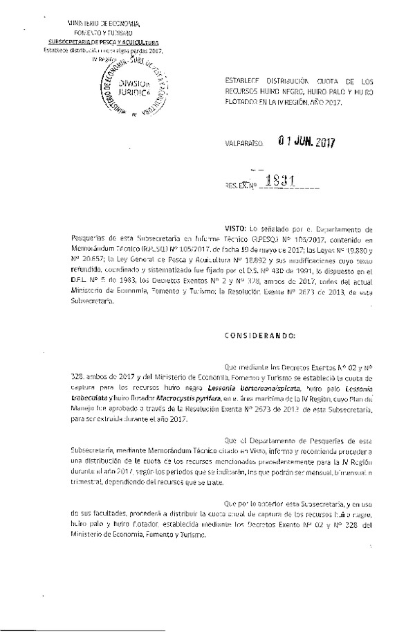 Res. Ex. N° 1831-2017 Establece Distribución Cuota de los Recursos Huiro Negro, Huiro Palo y Huiro Flotador en la IV Región, Año 2017. (Publicado en Página Web 02-06-2017) (F.D.O. 09-06-2017)