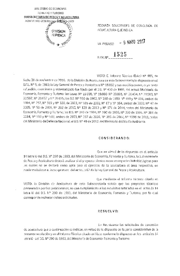 Res. Ex. N° 1525-2017 Rechaza solicitud de concesión de acuicultura que indica.