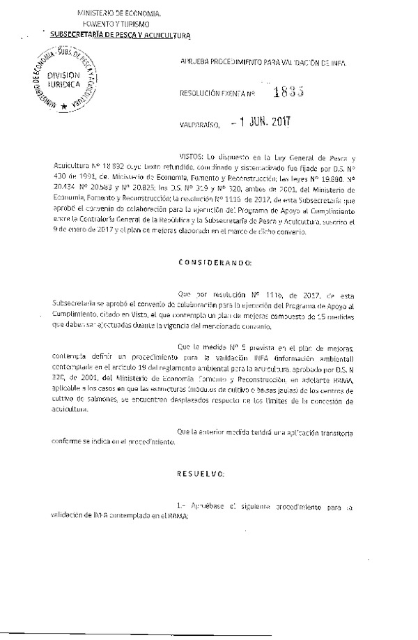 Res. Ex. N° 1835-2017 Aprueba Procedimiento para Validación de INFA. (Publicado en Página Web 07-06-2017) (F.D.O. 13-06-2017)