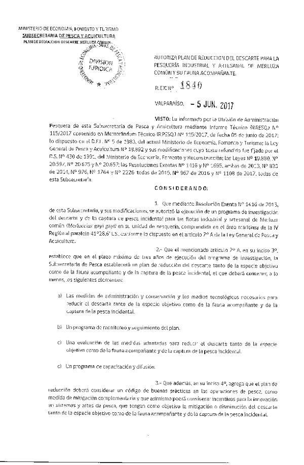 Res. Ex. N° 1840-2017 Autoriza Plan de Reducción del Descarte para la Pesquería Industrial y Artesanal de Merluza Común y su Fauna Acompañante. (F.D.O. 07-06-2017)