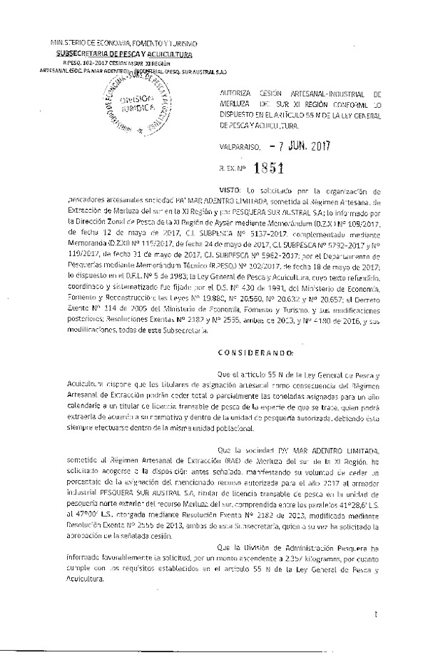 Res. Ex. N° 1851-2017 Cesión Merluza del sur XI Región.