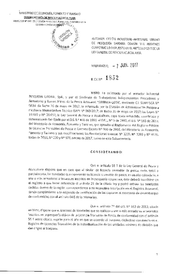 Res. Ex. N° 1852-2017 Autoriza cesión sardina común, VIII Región.