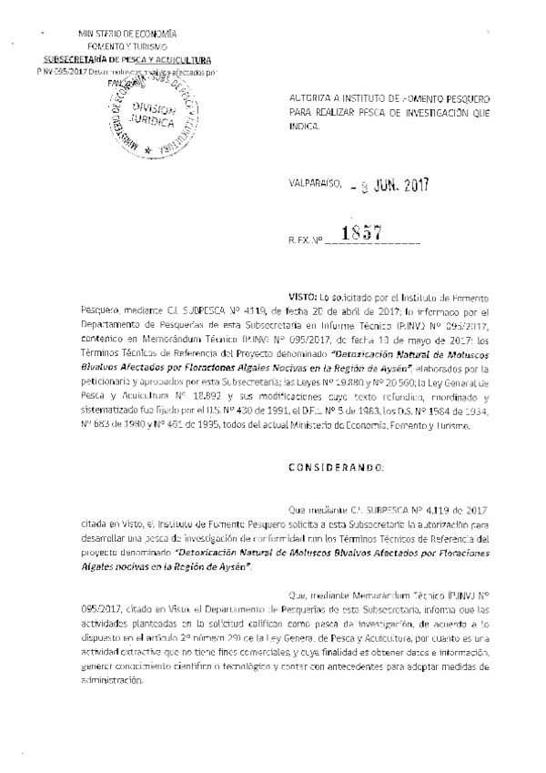 Res. Ex. N° 1857-2017 Detoxicación natural de moluscos bivaldos por floraciones algales nocivas, XI Región.