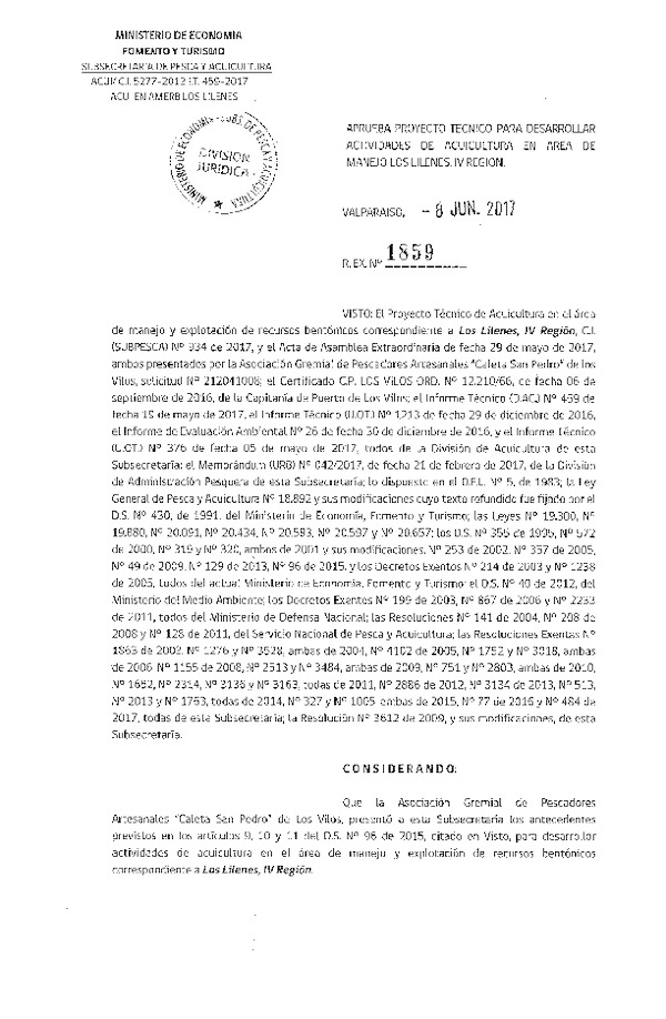 Res. Ex. N° 1859-2017 Aprueba proyecto técnico para desarrollar actividades de acuicultura en área de manejo Los Lilenes, IV Región.