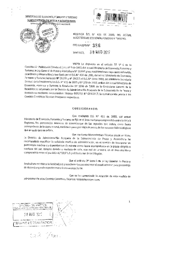 Dec. Ex. N° 386-2017 Modifica D.S. N° 411-2000 Que Establece Porcentaje de Desembarque de Fauna Acompañante de Recursos que Indica. (F.D.O. 09-06-2017)