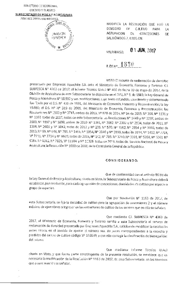 Res. Ex. N° 1830-2017 Modifica Res. Ex. N° 1163-2017 Que Fijo Densidad de Cultivo para la Agrupación de Concesiones de Salmónidos 2, X Región. (F.D.O. 09-06-2017)