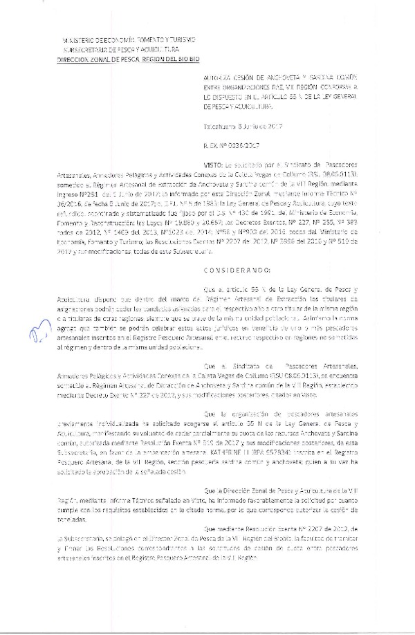 Res. Ex. N° 36-2017 (DZP VIII) Autoriza Cesión Anchoveta y sardina común, VIII Región.