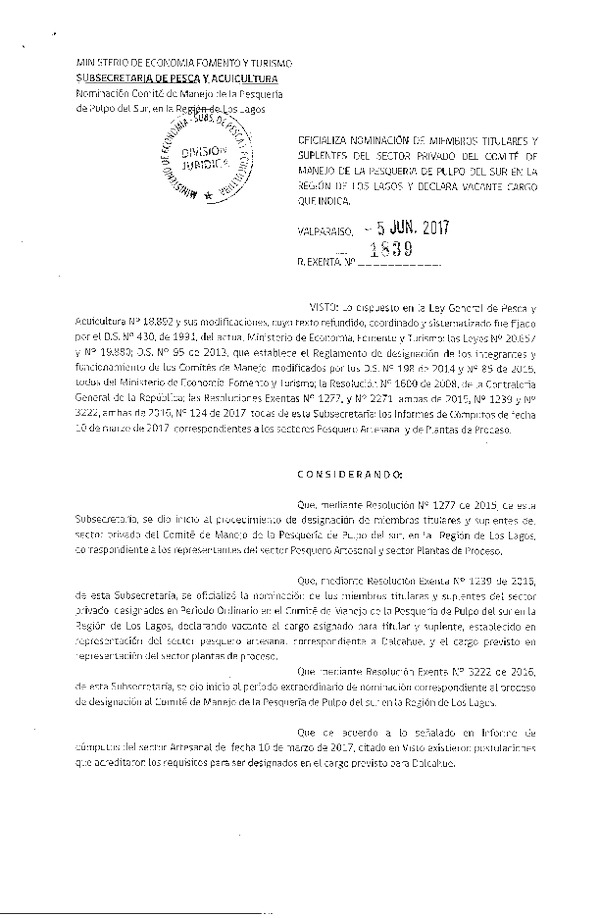 Res. Ex. N° 1839-2017 Oficializa Nominación de Miembros Titulares y Suplentes Comité de Manejo Pesquería Pulpo del Sur, X Región. (F.D.O. 13-06-2017)
