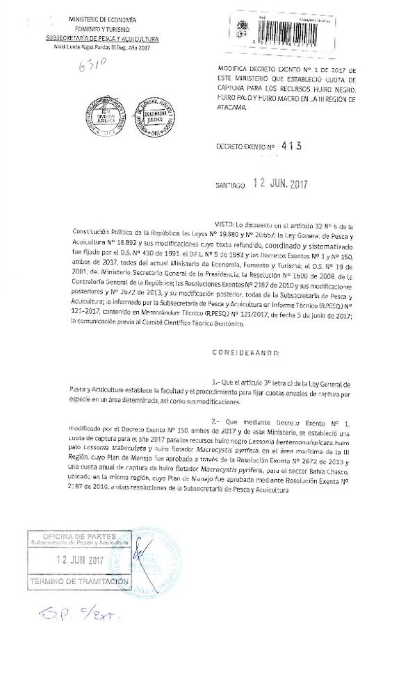 Dec. Ex. N° 413-2017 Modifica Dec. Ex. N° 1-2017 Establece Cuota de Captura Recursos Huiro Negro, Huiro Palo y Huiro Macro en la III Región. (Publicado en Página web 13-06-2017) (F.D.O. 16-06-2017)