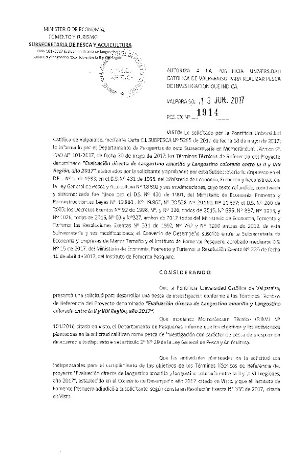 Res. Ex. N° 1914-2017 Evaluación directa de Langostino amarillo y Langostino colorado entre la II y VIII Región, año 2017.