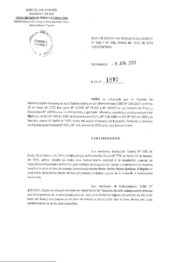 Res. Ex. N° 1897-2017 Deja sin efecto Res. Ex. N° 505 y N° 558, ambas de 2015.