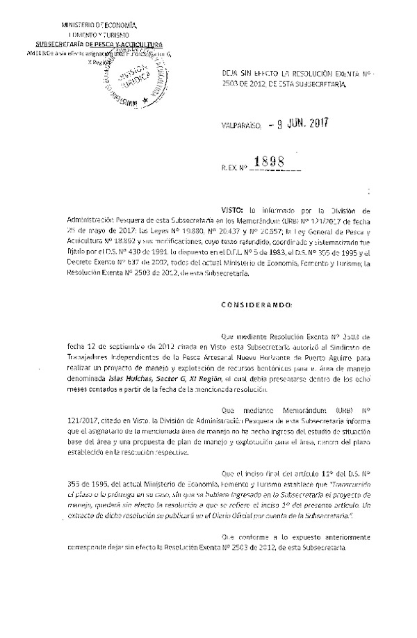 Res. Ex. N° 1898-2017 Deja sin efecto Res. Ex. N° 2503-2012.