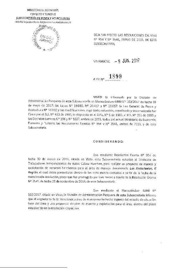 Res. Ex. N° 1899-2017 Deja sin efecto Res. Ex. N° 954 y N° 3541-2016.