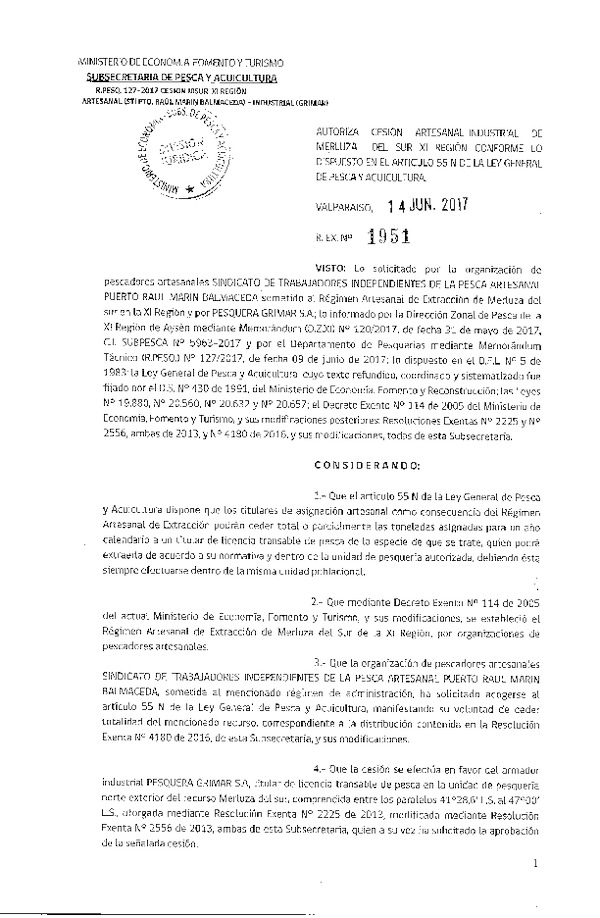 Res. Ex. N° 1951-2017 Cesión Merluza del sur XI Región.