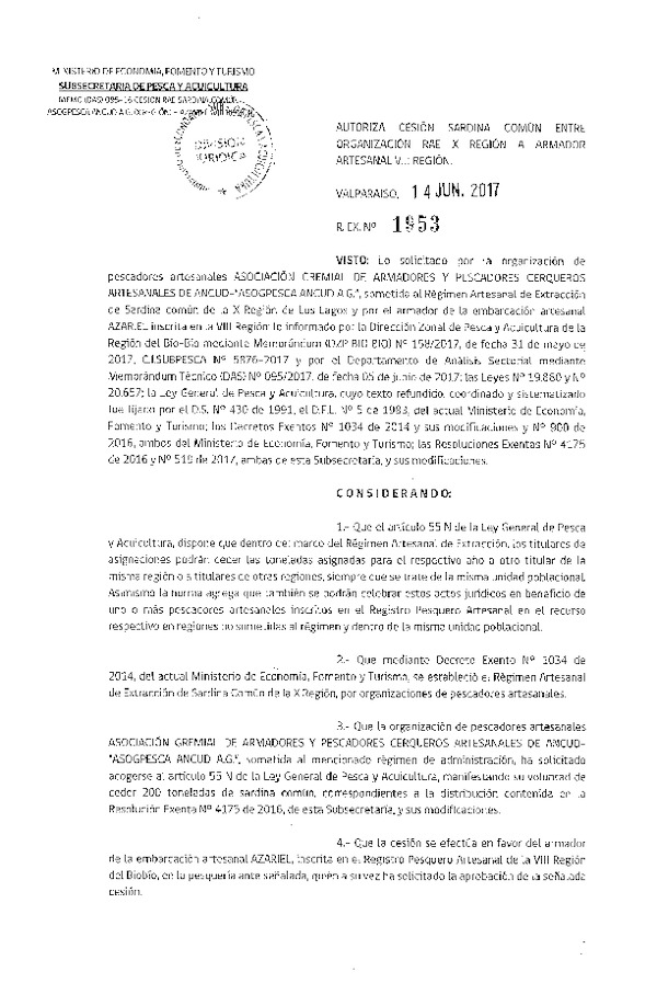 Res. Ex. N° 1953-2017 Cesión Sardina común X Región.