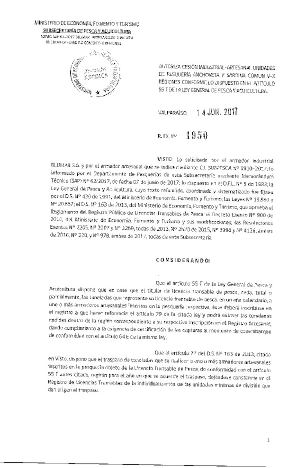 Res. Ex. N° 1950-2017 Autoriza cesión anchoveta y sardina común, IX Región.