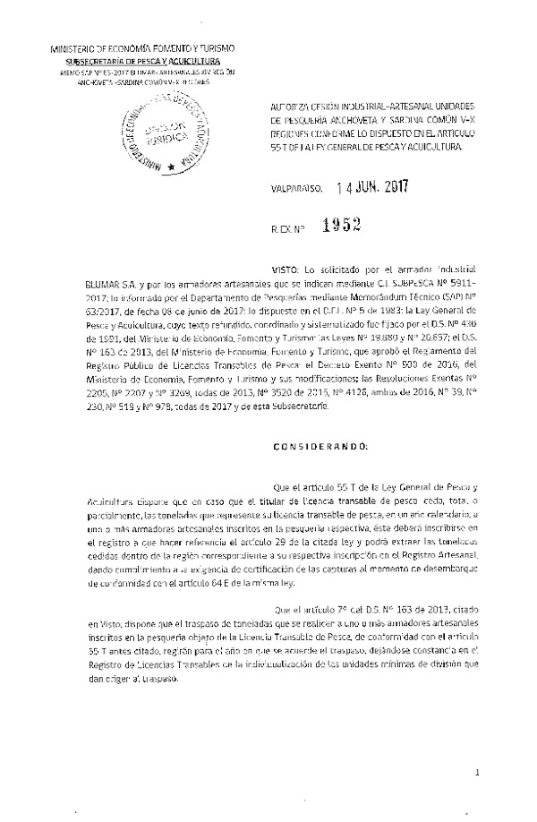 Res. Ex. N° 1952-2017 Autoriza cesión anchoveta y sardina común, XIV Región.