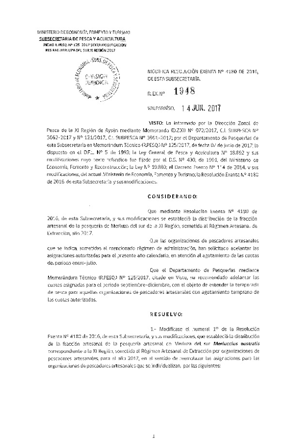 Res. Ex. N° 1948-2017 Modifica Res. Ex. N° 4180-2016 Distribución de la Fracción Artesanal de Pesquería de Merluza del Sur por Organizaciones, XI Región, año 2017. (Publicado en Página Web 15-06-2017)