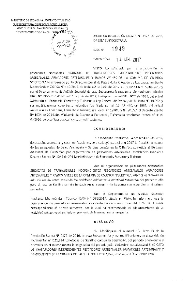 Res. Ex. N° 1949-2017 Modifica Res. Ex. N° 4175-2016 Distribución de la Fracción Artesanal Pesquería de Anchoveta, Sardina Común y Jurel en la X Región. (Publicado en Página Web 15-06-2017)