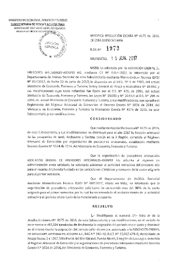 Res. Ex. N° 1973-2017 Modifica Res. Ex. N° 4175-2016 Distribución de la Fracción Artesanal Pesquería de Anchoveta, Sardina Común y Jurel en la X Región. (Publicado en Página Web 15-06-2017)