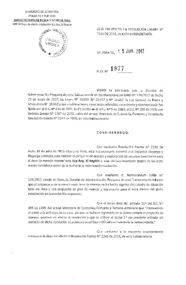 Res. Ex. N° 1977-2017 Deja sin efecto Res. Ex. N° 2241-2017.