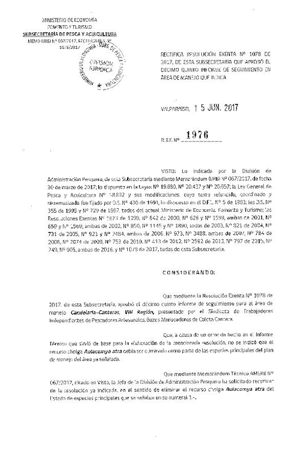 Res. Ex. N° 1976-2017 Rectifica Res. Ex. N° 1078-2017 15° Seguimiento.