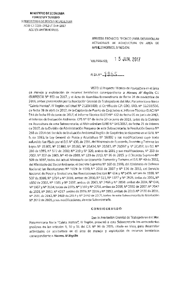 Res. Ex. N° 1985-2017 Aprueba proyecto técnico para desarrollar actividades de acuicultura en área de manejo Hornos, IV Región. (Publicado en Página Web 16-06-2017)