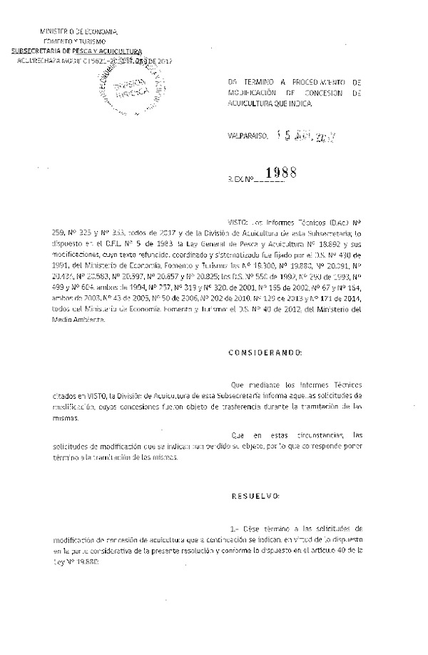 Res. Ex. N° 1988-2017 Da termino a procedimiento de modificación de concesiones de acuicultura que indica.