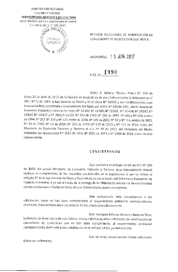 Res. Ex. N° 1990-2017 Rechaza solicitudes de modificación de concesión de acuicultura que indica.