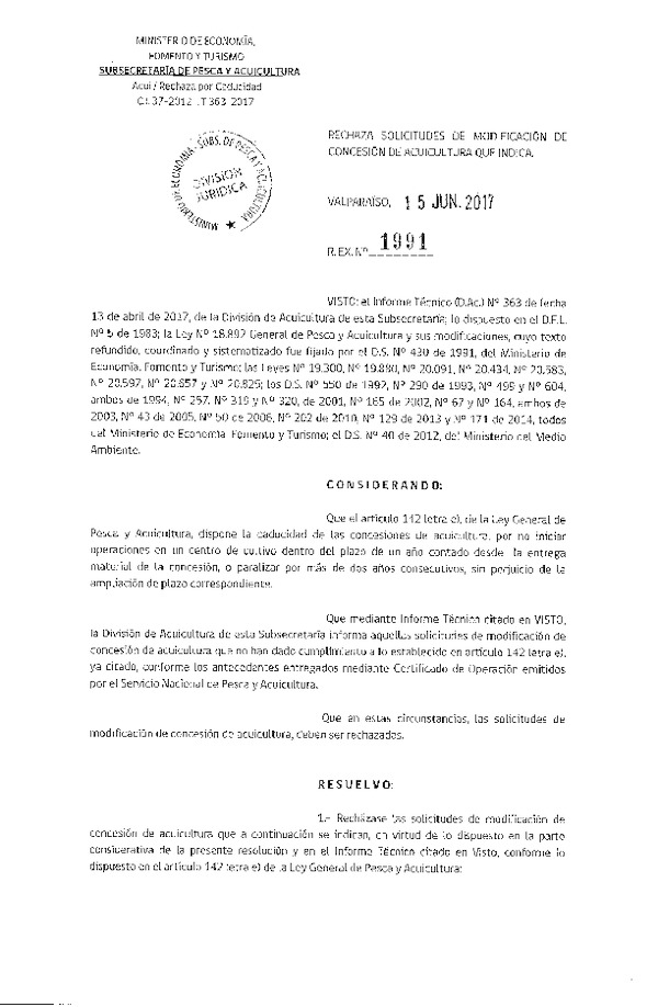 Res. Ex. N° 1991-2017 Rechaza solicitudes de modificación de concesión de acuicultura que indica.