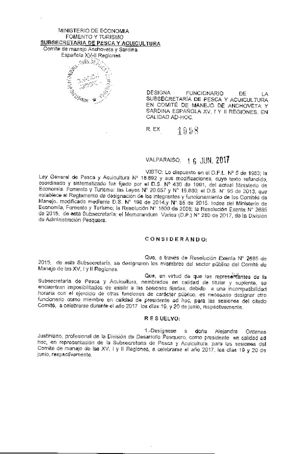 Res. Ex. N° 1998-2017 Designa Funcionario de la Subsecretaria de Pesca y Acuicultura en Comité de Manejo de Anchoveta y Sardina Española XV-I-II Regiones, en Calidad Ad Hoc. (Publicado en Página Web 21-06-2017)